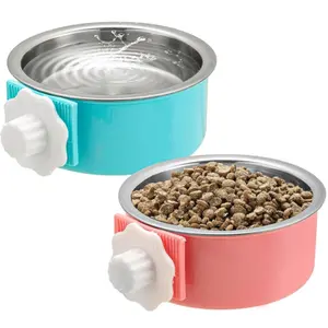 2 Pcs Stainless Steel Hanging Pet Bowls, Removable Cage Kennel Feeder Cup, Anti-Spill Food Water Bowl for Dog Cat Bird Rabbit Guinea Pig Ferret Small Animals, Easy Clean Mountable Crate Bowl with Practical Cleaning Kit Indoor Outdoor Pet Supply