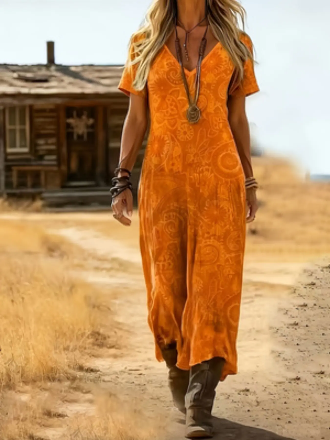 Western Wild West Long Bohemian Ethnic Print Slimming Dress, Summer Vacation Essential, Casual Wear, Western Style Maxi Dress, Women's Fashion, Boho Fashion, Womenswear, Bohemian Summer Outfit