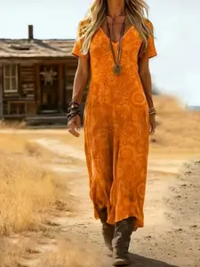 Western Wild West Long Bohemian Ethnic Print Slimming Dress, Vacation Essential, Western Style Maxi Dress, Women's Fashion