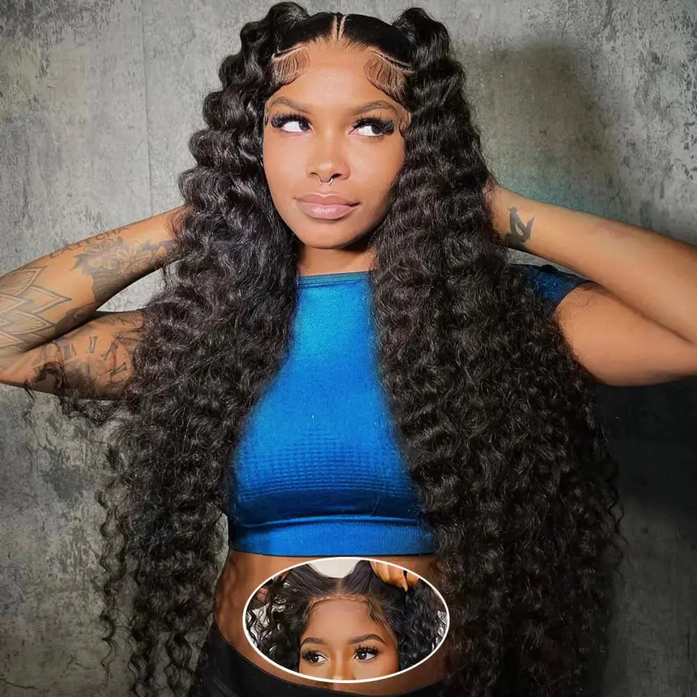Ehelo 28 Inch Glueless Deep Wave Human Hair Wig 7x5 Deep Wave Lace Front Wigs Human Hair 180% Density Pre Plucked Pre Cut Lace Wigs for Women Deep Curly Lace Closure Wigs Human Hair Glueless Wig