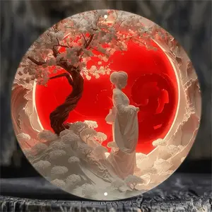 1pc Japanese Cherry Blossom Tree And Woman Metal Wall Art - 8 Inch Round Metal Sign - Waterproof High-Definition Printed Door Wreath With Pre-Drilled Holes - Durable, Textured, Weatherproof Outdoor Decor, Random Hole Position