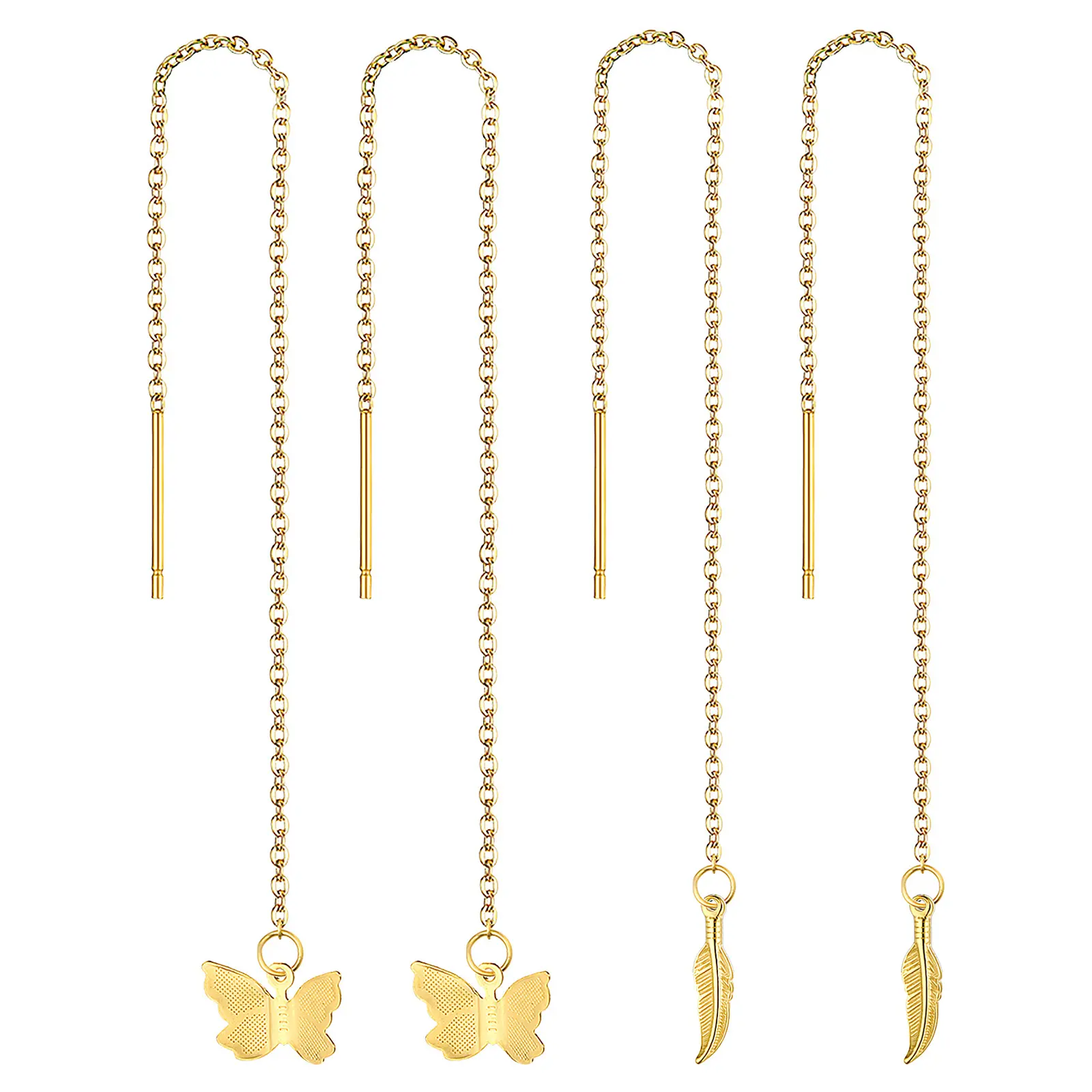 OIDEA Women's Lightweight 2-Pair Threader Earrings Set - Gold Butterfly, Feather Tassel Drop Earrings with Stainless Steel Chain, Costume Jewelry for Weddings, Daily Wear, Two Pairs summerwins