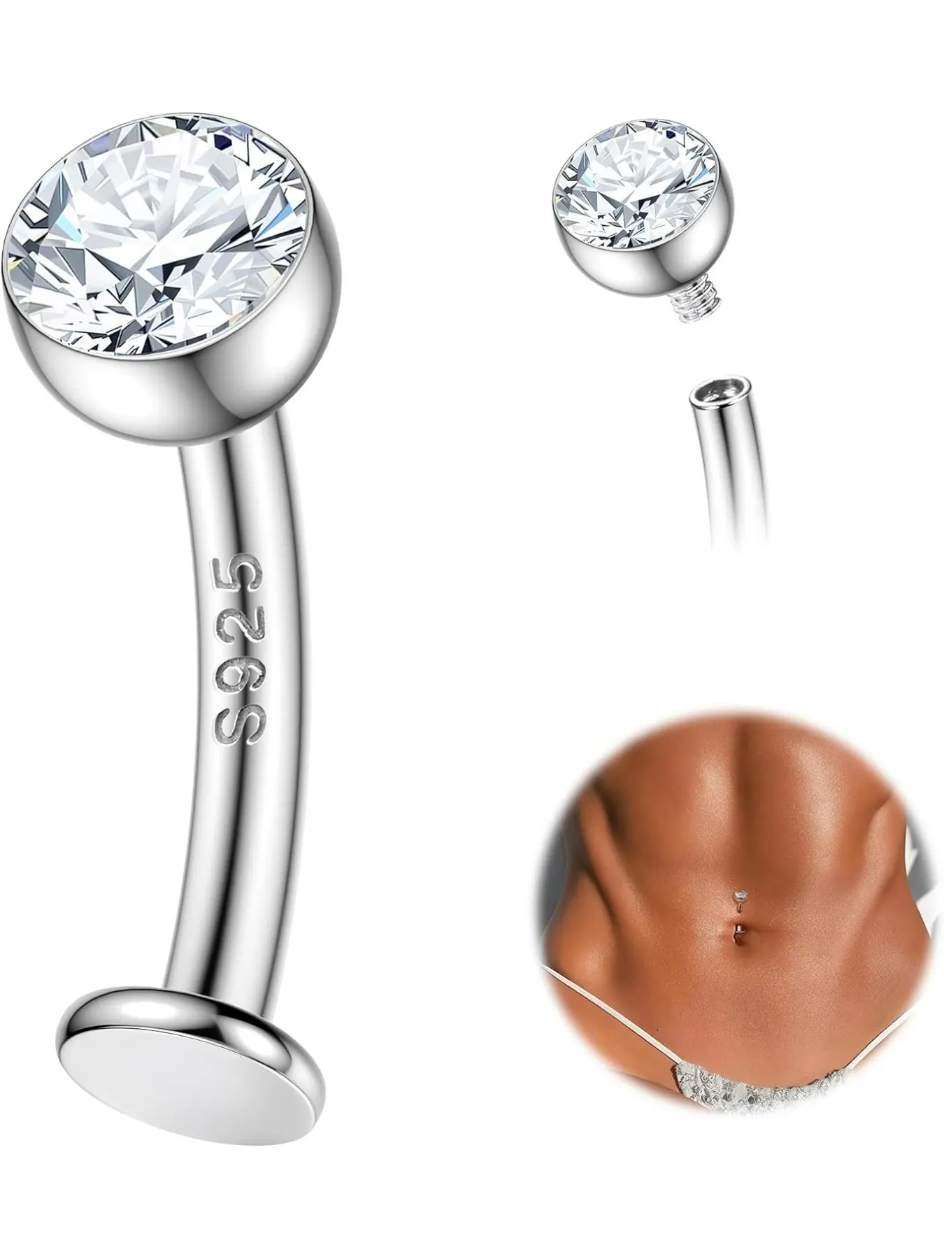 14g Solid 925 Sterling Silver Floating Belly Button Rings, Internally Threaded Round Cz Opal Navel Rings, Reverse Curved 10mm/12mm Flat Back, Navel Piercing Jewelry, Body Jewelry