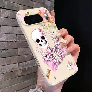 Rounded Edge Phone Case for Google Pixel 10 9 XL 8 7 Pro A  Pink Skeleton Fantasy Pattern Full Body Protection Shockproof Soft Liquid Silicone Cover Cellphone Protective