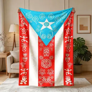 Puerto Rico Totem Flag Aztec Flannel Blanket, Large Size, Soft and Lightweight, Perfect for All Seasons, Ideal for Bed, Sofa, Office, Camping, Travel