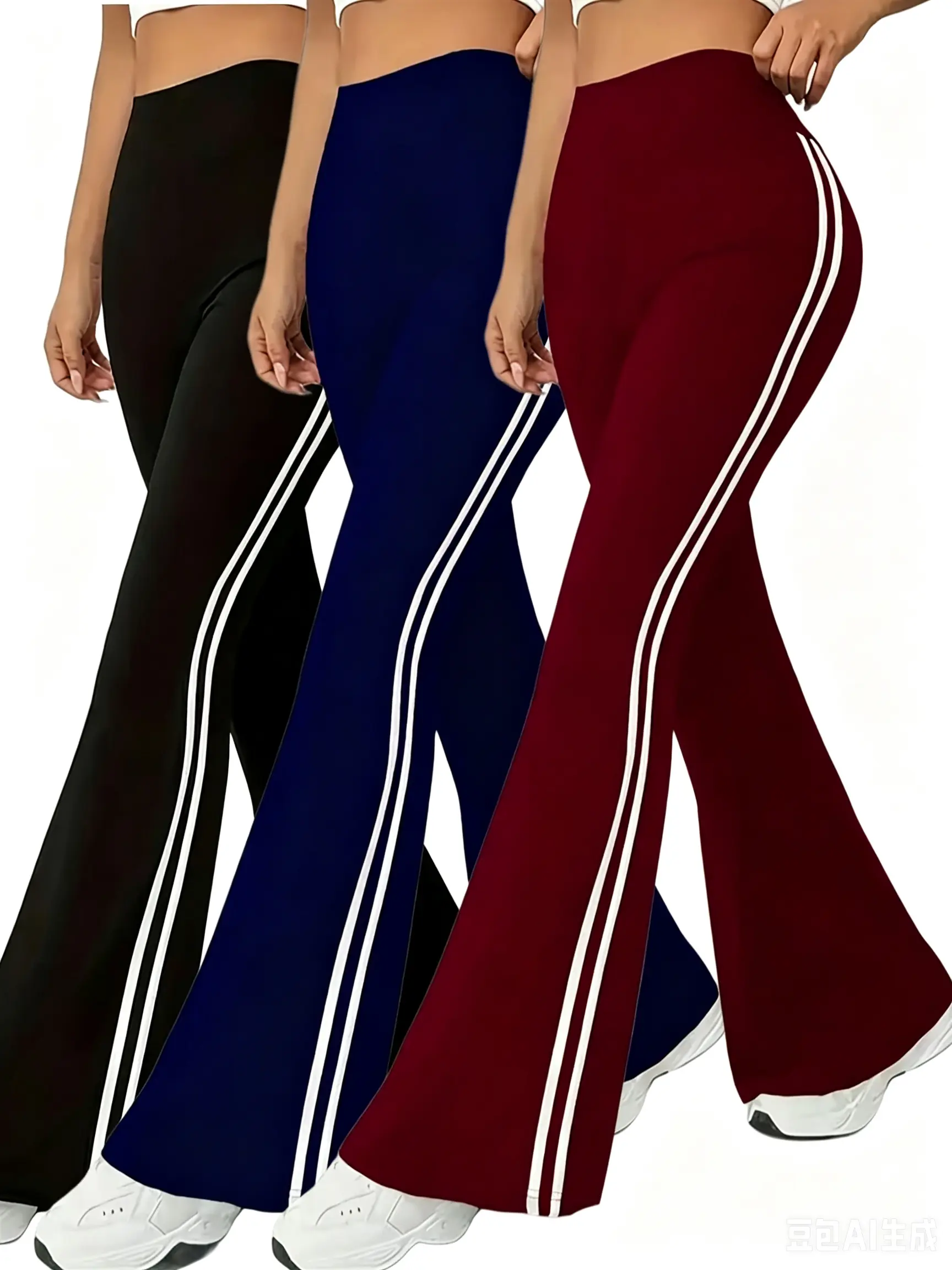 3-piece set of women’s solid-color high-waisted slim-fit yoga pants with side stripes, versatile stretchy flared athletic casual long pants for women