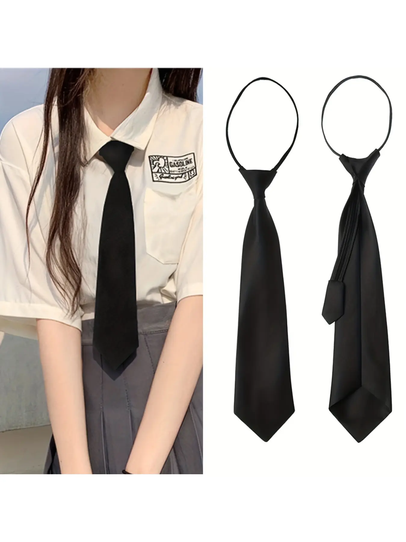 Women's solid black tie, uniform shirt suit easy tie, Plain ties, suitable for daily use