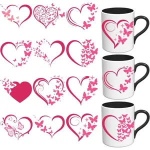 UV DTF Stickers - 12 Sheets Sparkly Heart Butterfly UV DTF Cup Wrap for Coffee Mugs Glass, DIY UV DTF Decals for Tumblers, Waterproof Rub on Transfers for Crafts