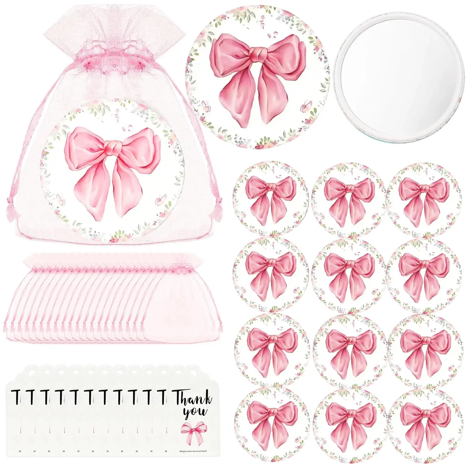 36pcs/12set Bow Makeup Mirror Set, Cosmetic Mirror, Travel Hand Mirrors, Thank You Cards & Organza Bags, Perfect for Bridal Shower Party Gifts, Gender Reveal Supplies