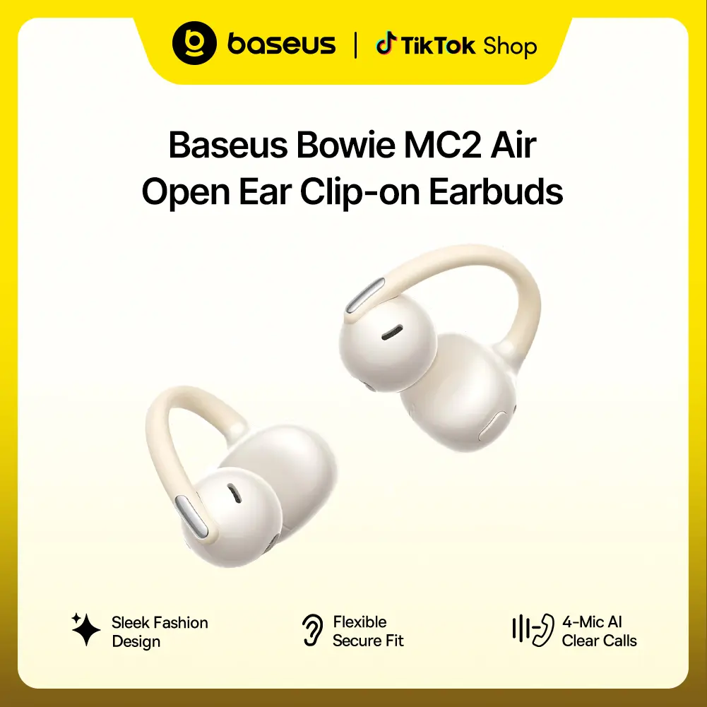 Baseus Bowie MC2 Air Open Ear Clip-on Earbuds, CloudComfort Air Cushions for Workout Running, 11mm Drivers Super Bass 2.0, IP67 Waterproof, 40H Playtime, Flexible Secure Fit Earbuds