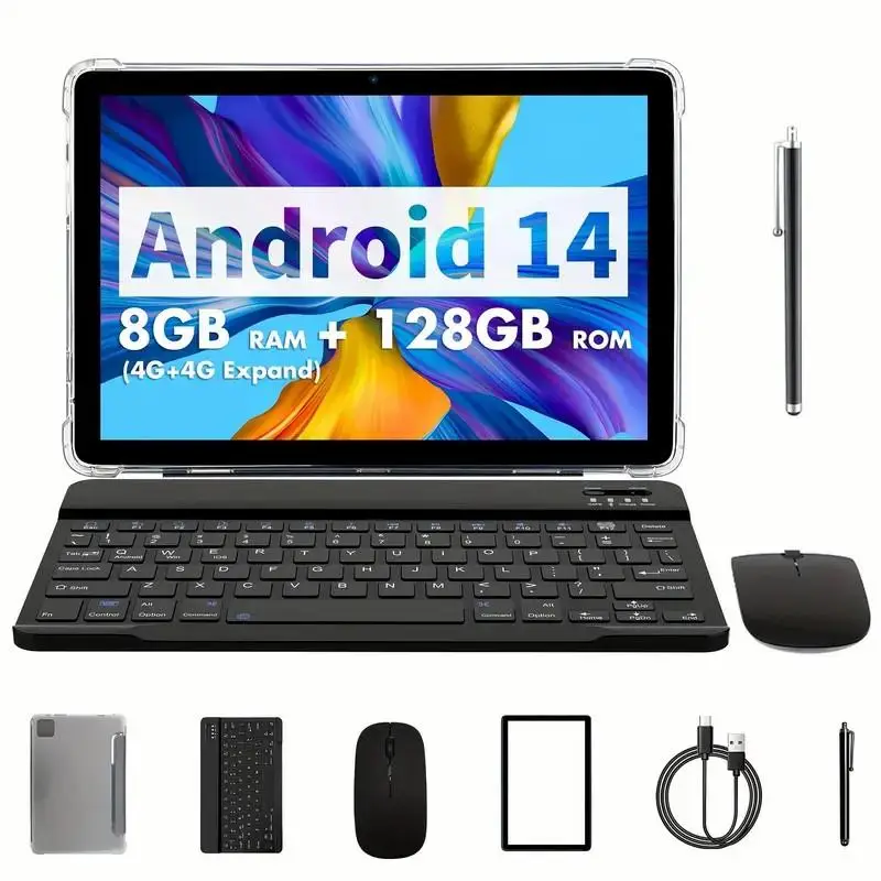 10.1 Inch Android Tablet, USB Charging Large Storage Entertainment Office Dual Channel Speaker with BT Keyboard & Mouse, Office Equipment