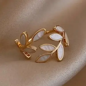 Women's Adjustable Leaf Ring - KC Golden Plated Floral Jewelry with Open Leaf Design, Elegant Nature-Inspired Everyday & Party Ring for Women, Year-Round Minimalist Stackable Birthday/Anniversary Gift by RYYM, Flower Jewelry,