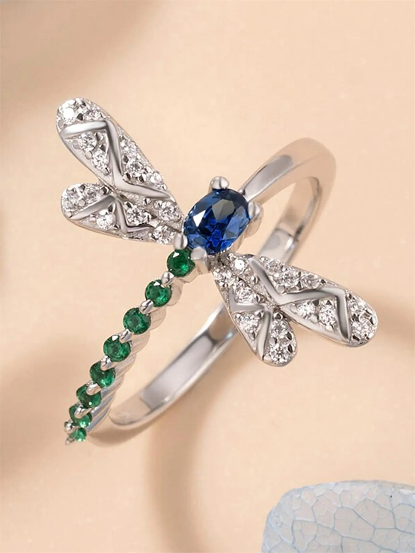 Women's Elegant Colorful Rhinestone Decorated Dragonfly Design Ring, Artificial Gemstone Ring, Exquisite Trendy Ring, Elegant Glittering Ring, Fashionable Jewelry, Fashion Rings for Women As Gift