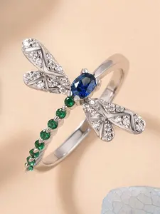 Women's Elegant Colorful Rhinestone Decorated Dragonfly Design Ring, Artificial Gemstone Ring, Exquisite Trendy Ring, Elegant Glittering Ring, Fashionable Jewelry, Fashion Rings for Women As Gift