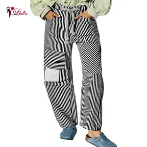 Women’s Striped Wide-Leg Pants with Elastic Waist, Drawstring, Patchwork Design, Loose Fit, and Pockets