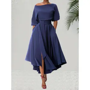 2026Women'S Plain Belted Split Boat Neck Dress, Elegant Bishop Sleeve A Line Dress For Suer, Suer Outfits , Fashion Women'S Dress For Daily Wear