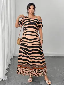 Plus Size Women's Casual Striped Dress, Asymmetric Neckline, Side Slit, Summer Flowy Long Dress, Beach Vacation Style, Elegant, Beach Holiday Dresses