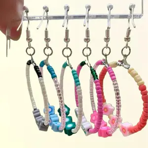 Flower Beaded Hoop Earrings Sterling Silver for Women Handmade Earrings with 6 Color Variations beaded charm