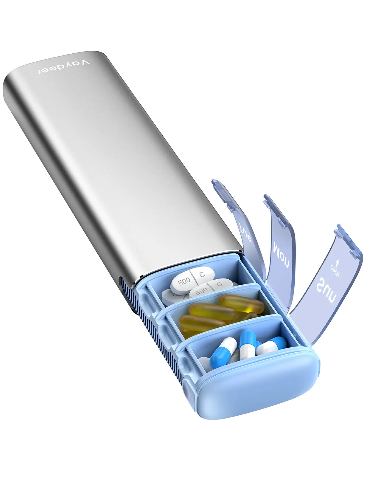 Vaydeer Metal Medicine Organizer - Lightweight Compact Weekly Pill Dispenser, Daily Medication Holder, Portable Small Prop 65 Safe Case for Vitamins & Supplements