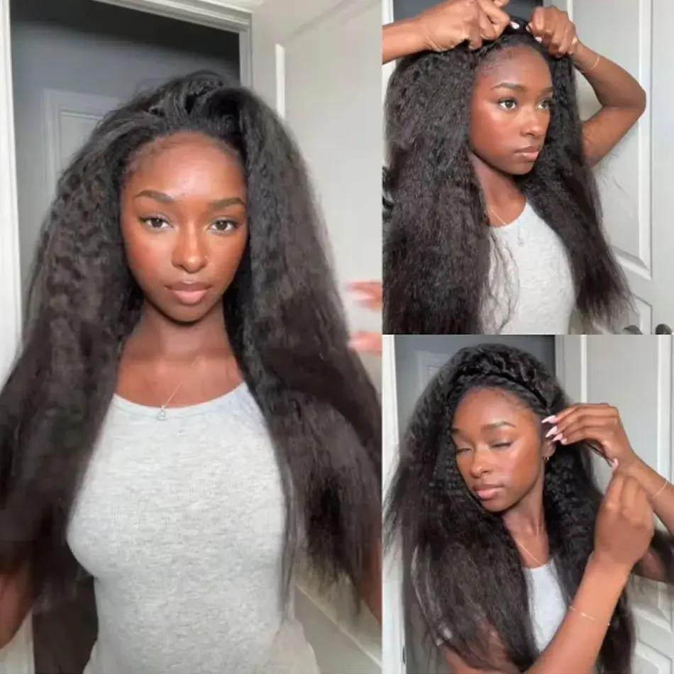 Bling Hair Kinky Straight Adjustable Drawstring 3 IN 1 Half Wigs Wear And Go Human Hair Wig 180% Snug Fit No Leave Out Clip-in Kinky Curly Wigs For Women