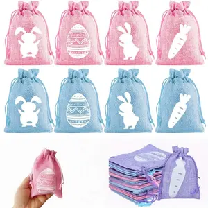 12pcs Easter gift Bag Bunny Egg Pattern Drawstring Closure Linen Bags, (5.5 x 4inches)Reusable Spring Gift Wrapping, Supplies, Perfect for Easter Gifts, Party Favor Packs