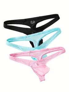 3pcs Men's Ice Silk Pure Color Plain Thong Slim Fit Quick-Dry Breathable T-back Comfortable and Breathable deal for Daily Wear Underwear Undergarments