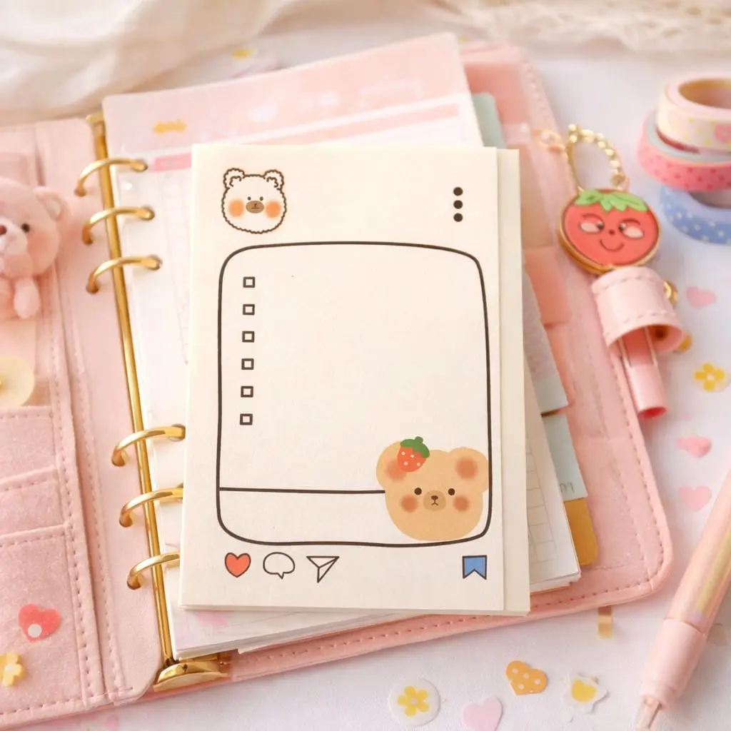 Kawaii Bear Planner Adhesive Paper - Soft Pastel Aesthetic Stationery, Compact Cute Bear Design, To-Do List Notepad, Work Organizer for Home & Office Desk Decoration, Great for Planners, Journals, and Notebooks, Ideal for Journaling, Cute Bears, Kawaii St