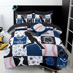 Sports Geometric Grid Black Patchwork Baseball Printed for Boys Twin 6Pcs Bed in A Bag Comforter Bedding Set,Blue