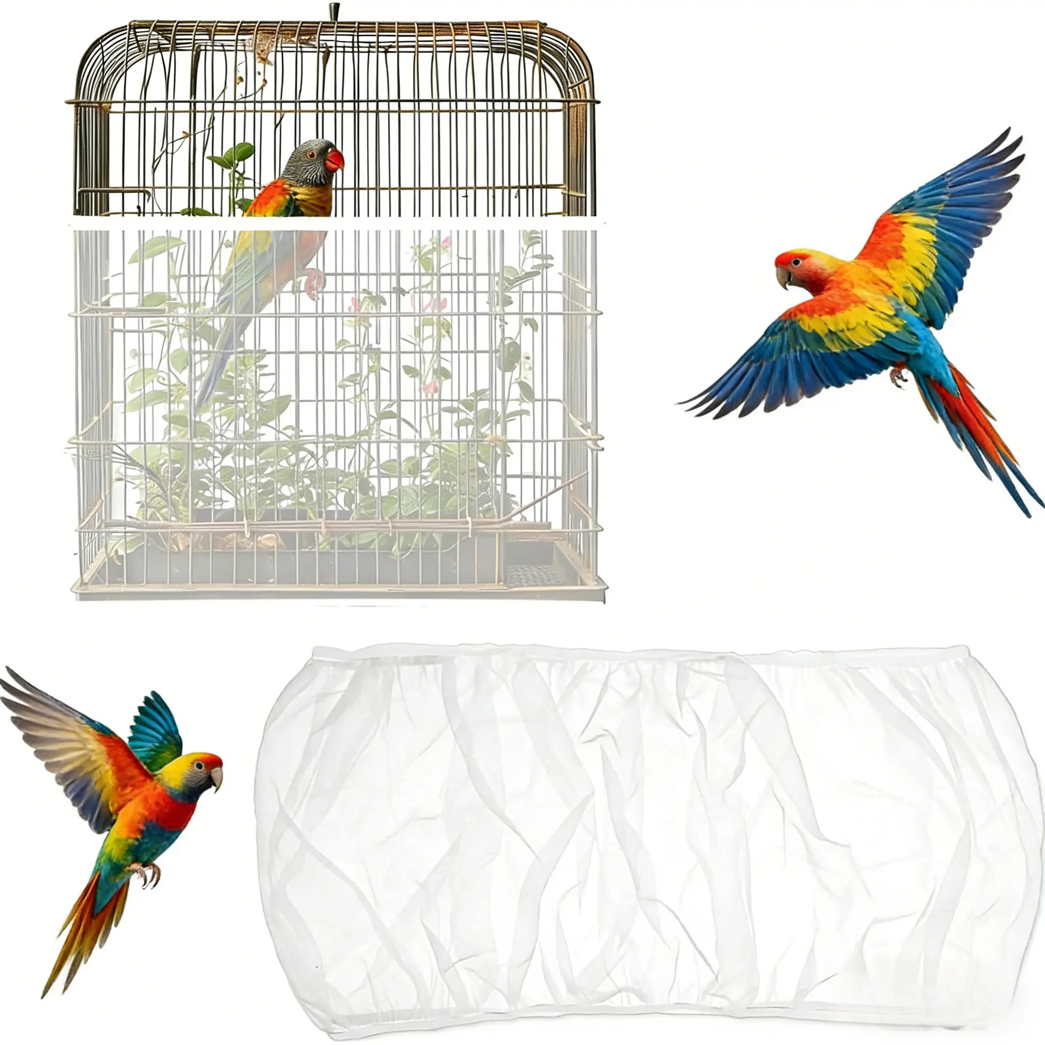 Mess-Free Bird Cage Net Cover - Universal Seed Catcher Skirt, Breathable Washable Nylon Guard, Fits Round and Square Cages, Heavy-Duty Elastic Stays Put, Light Passes Through Mesh for Pet Birds (Black & White Available)