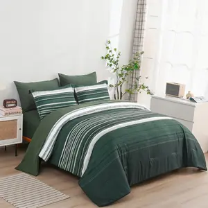 7 Piece Bed in a Bag Stripe Comforter Set Full Size, White Grey Green Patchwork Striped Comforter and Sheet Set, All Season Soft Microfiber Complete Bedding Sets(Dark Green,Full)