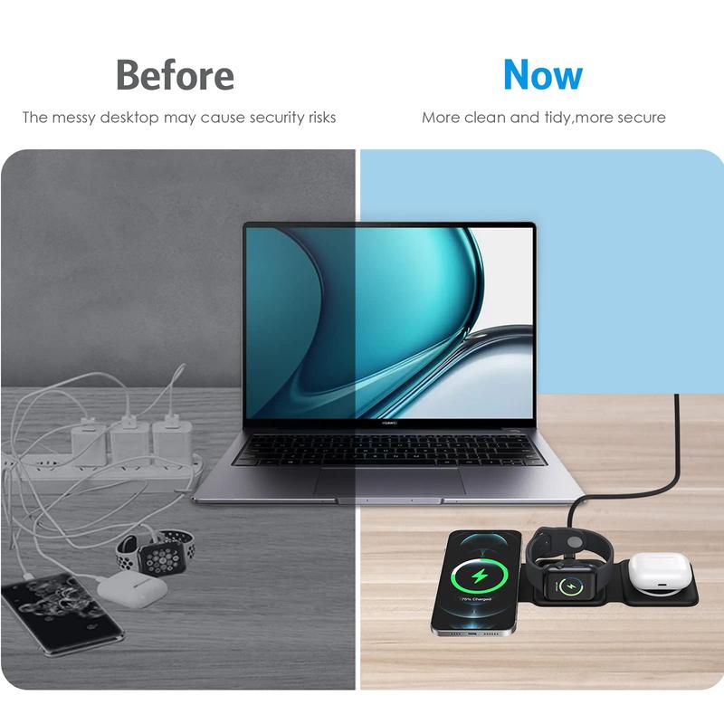 Charging Station for Apple Multiple Devices - 3 in 1 Foldable Magnetic Wireless Charger Dock - Travel Charging Pad for iPhone 15 14 13 12 Pro Max Plus Watch & Airpods
