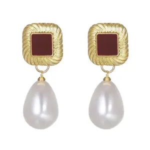 Gold Plated Pearl Teardrop Stud Earrings Creative Retro Square Design