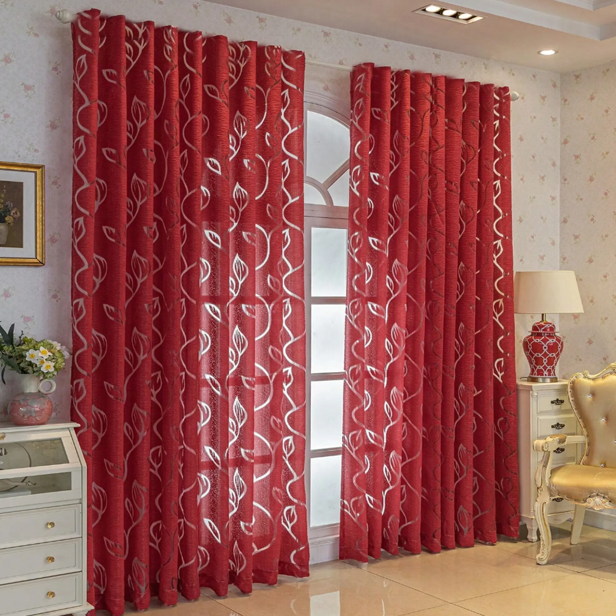 1pc Bedroom/Living Room Decorative Curtain, Sheer With Cutout Vine & Leaf Pattern, 100% Polyester, Suitable For Living Room, Bedroom, Balcony And Kitchen, Home Decoration Window Curtains