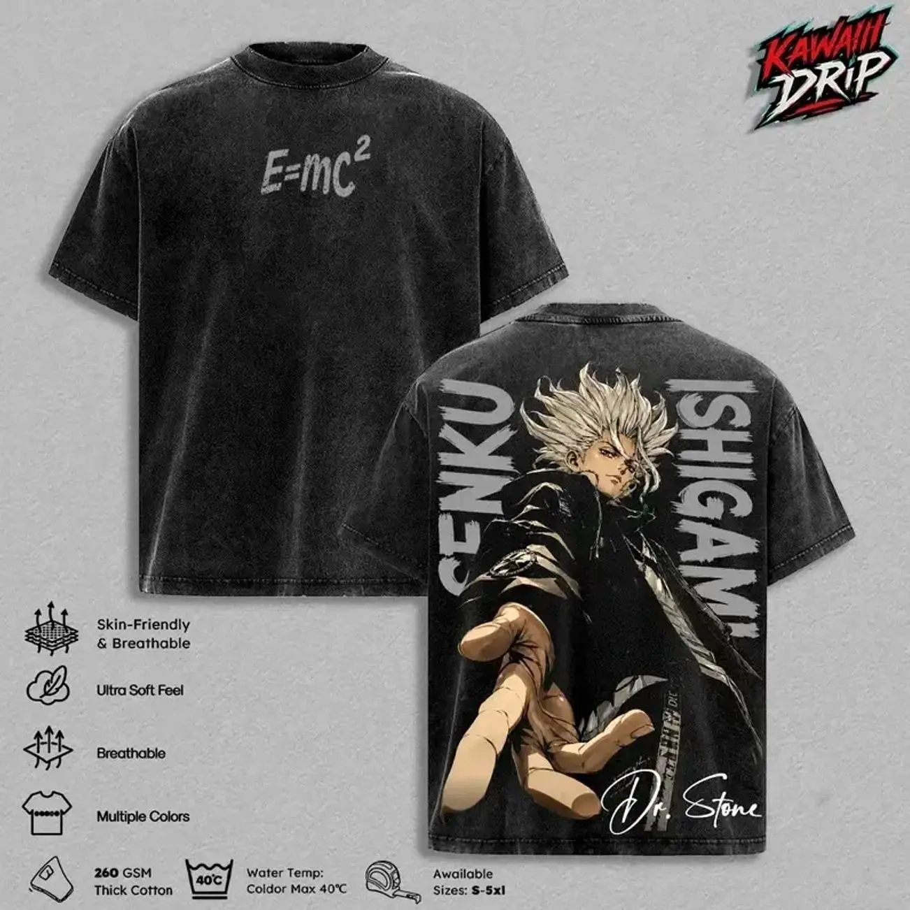 Senku Ishigami Dr. Stone Vintage Washed Anime T-Shirt, Science Kingdom Graphic Tee, E=mc² Manga Streetwear Oversized Heavy Cotton Shirt, Retro Dr. Stone Unisex Apparel, Anime Gift for Men & Women 72O