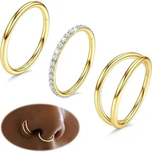 3PCS 316L Stainless Steel Nose Rings Hoops - Hinged CZ Septum Clicker Rings, Double Hoop Piercing Jewelry for Nose, Lip, Cartilage Ear, Helix, Rook, Tragus stud