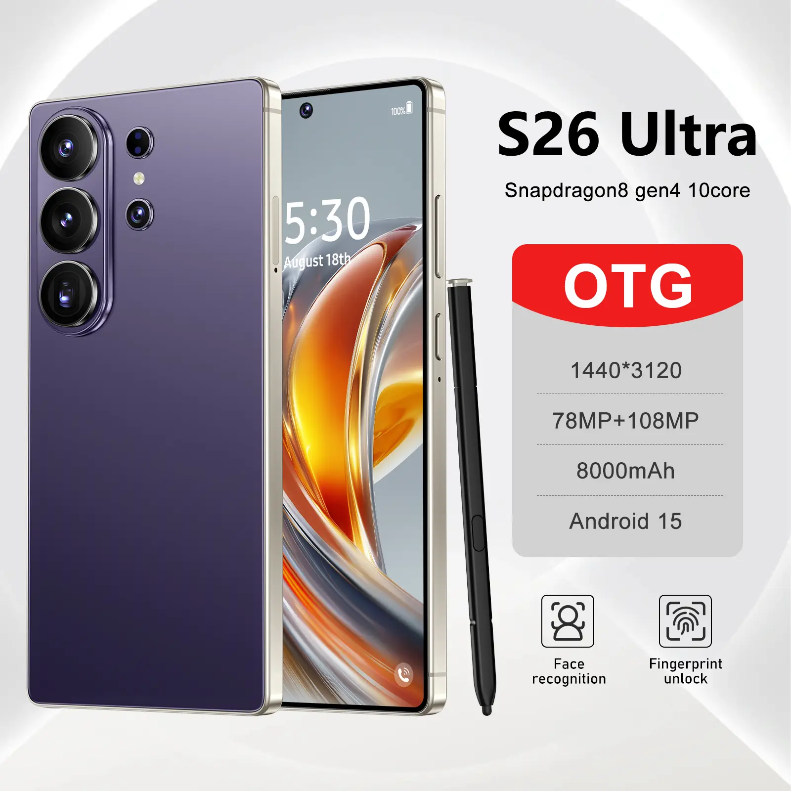2026 S26 Ultra 5G Unlocked Phone Gift Set: 12GB+512GB, Android 15, 6.99" HD Display, 78MP+108MP Cam, 8000mAh Battery, Stylus & Protector Include