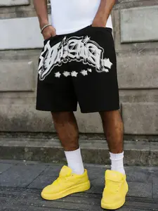 Gradient Star Graffiti Print Shorts, Summer Versatile Piece, Must-Have for Trendy Guys, Perfect for Shopping and Dates