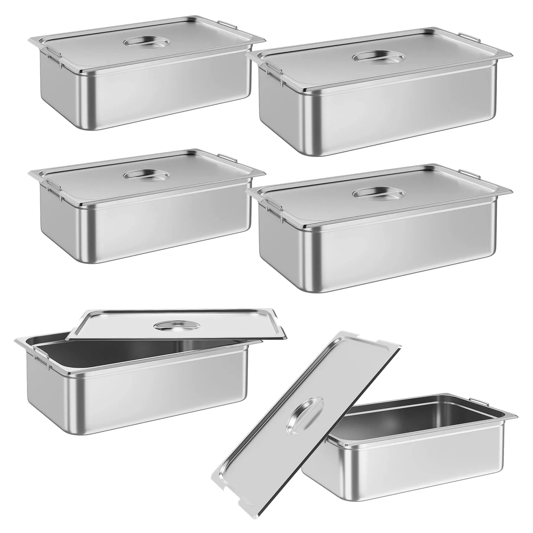 GARVEE & GARVEE 6 Pack Full Size Hotel & Table Pans, NSF Certified, Stainless Steel, Anti-Jamming, with Handles & Lids, Available in 2.5, 4, and 6 Inch Depths for Catering & Party Use