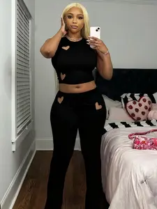 Heart Cutout Set, Short Crop Top & Flared Pants, Sexy Slim Fit, Sweet Cool Chic Style, Perfect for Daily, Eye-Catching Design, Knit