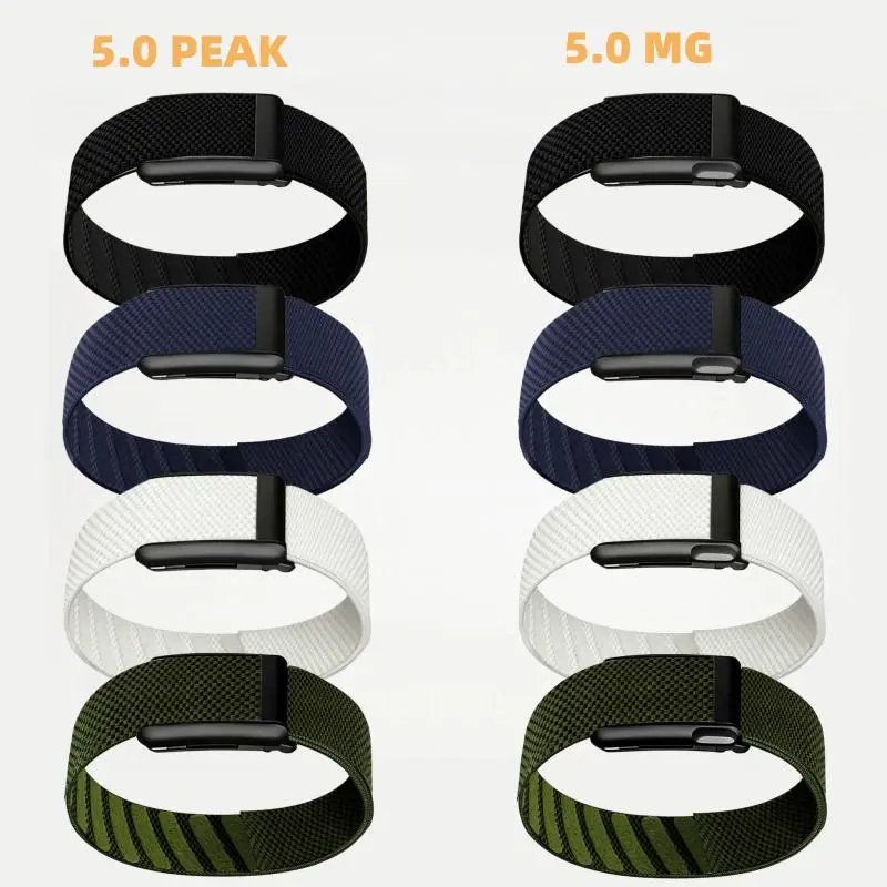 Whoop 5.0 watch band/armband/upper arm strap; breathable holes for comfort; tangle-free design; nylon material; stainless steel version; ECG model that measures heart rate.