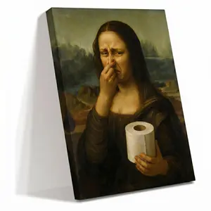 Humorous Mona Lisa Pinching Nose Vintage Famous Art Canvas Poster - Funny Masterpiece Wall Decor for Washroom, Guest Powder Room