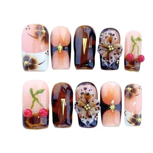 10PCS Short Square Handmade 3D Acrylic Press On Nails with Tortoise Shell & Cherry Design | Reusable Fake Nails | Retro French Style | Salon Look japanese nail cherry decor Halloween Gradient Spider French Nails Kit