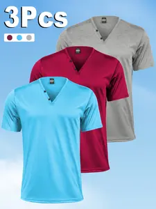 3-pack Henley shirts, quick-dry athletic T-shirt, two-button V-neck, breathable workout top, men’s summer casual short-sleeve
