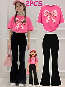 2PCS Valentine's Day Girls Clothes T-Shirt Bottom Pants Set  Heart Pattern Bow Design Print Girl Clothes Short-Sleeved Round Neck T-Shirt Bell Bottom Pants Set Perfect For Outdoor  Kids Clothes
