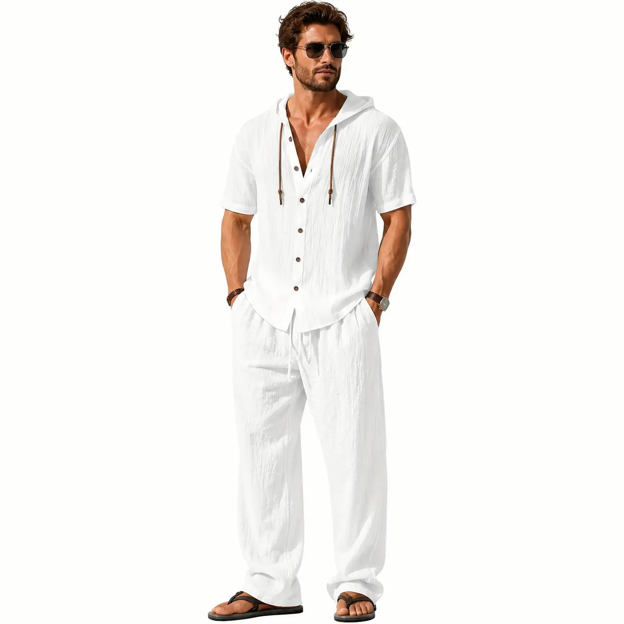 Men's 2-Piece Linen Menswear Set - Hooded Short-Sleeve Shirt, Elastic Waist Drawstring Pants, Relaxed Fit, Soft, Loose, Lightweight Breathable for Beach Vacation Resort Casual Wear, Shortsleeve, Fabric, Stylish, Outdoor, Linen Pants & Top Sets, Clothes, P