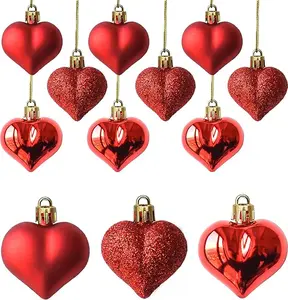 12Pcs Heart Ornaments Multi Finish Heart Baubles Hanging Ornaments for Valentine’s Day Decor Mother's Day Christmas Tree Wedding Anniversary Party Decoration(Red)