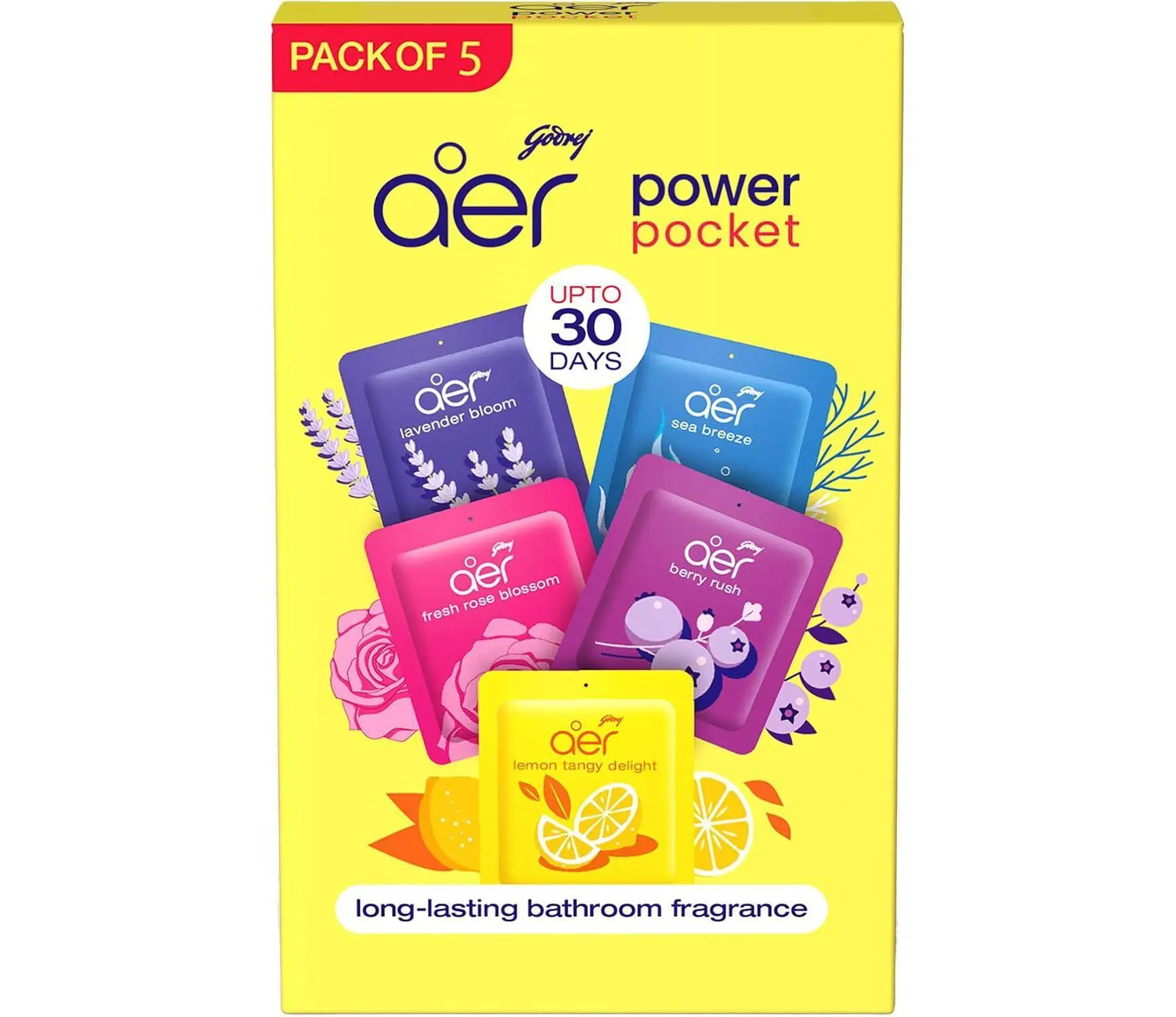 Godrej Aer Power Pocket, Hanging Air Freshener, Assorted Pack of 5, Scented Pack Colorful, [Lemon, Rose, Fresh, Berry, Lavender]