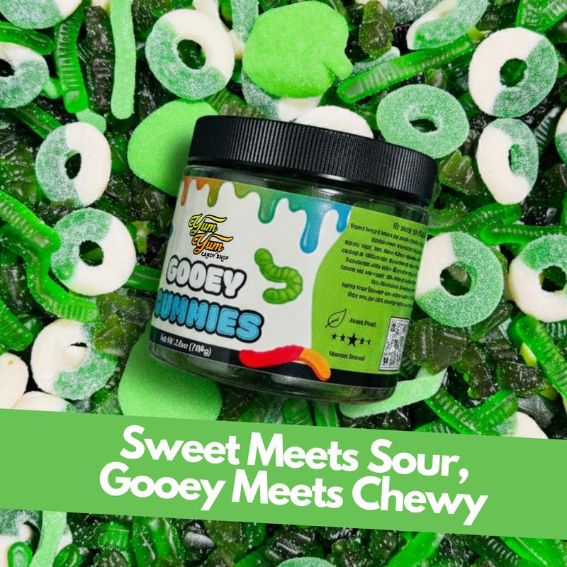 Yum Yum Gooey Gummies Blue Raspberry Wild Cherry Green Apple Sour Ooze Chewy Fruity Punch Snack