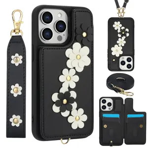 Flower Floral crossbody flip leather card insertion wallet anti drop Protective cellphone phone case cover suitable for iPhone 11, 12, 13, 14, 15 Plus 16, 17 Pro Max Plus Air women's business multi card protection case accessories