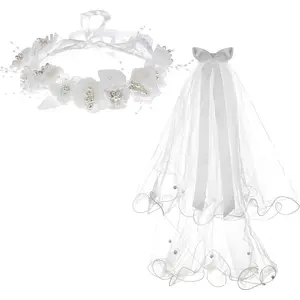 Girls First Communion Veil White Pearl Flower Crown Communion Veil exquisite hair claw